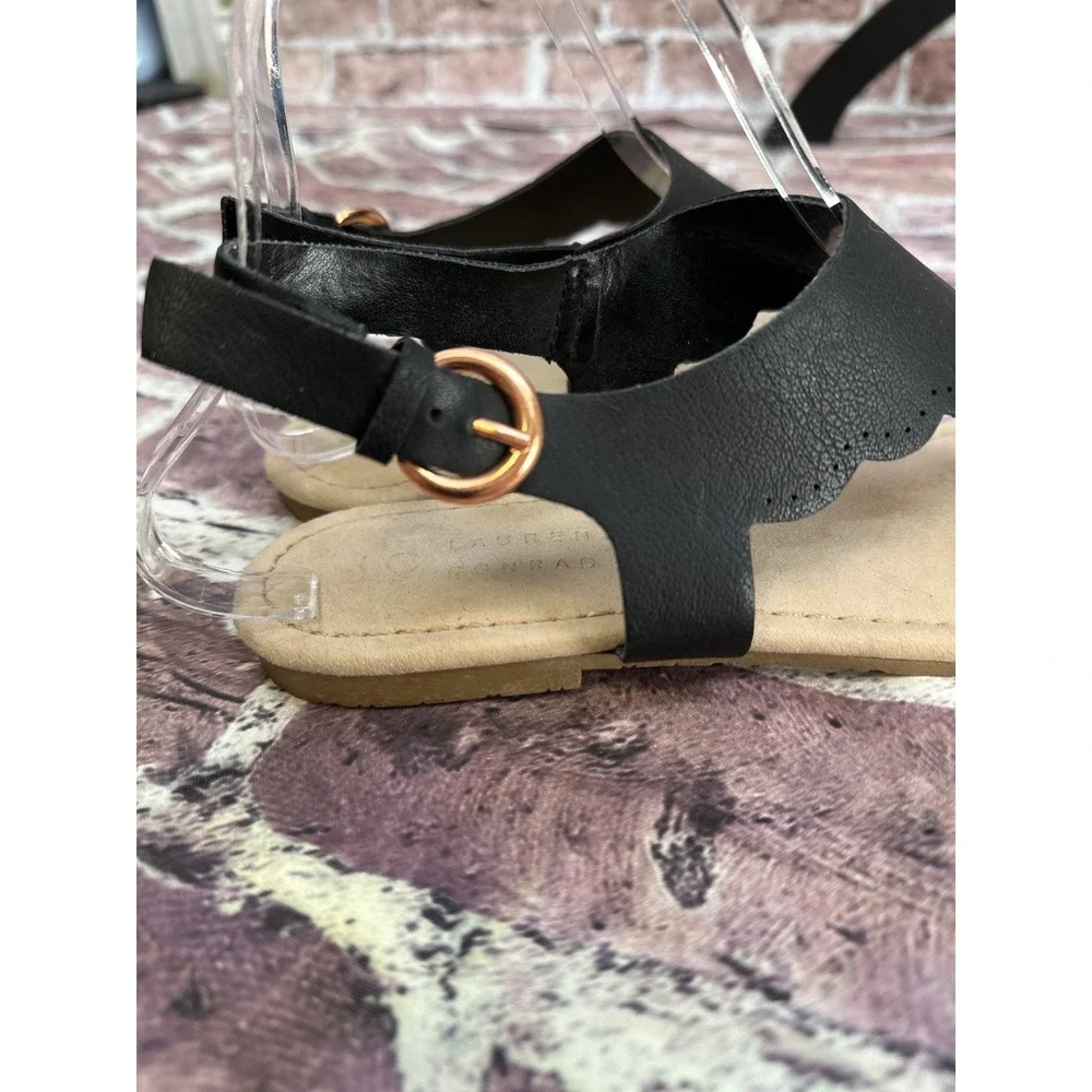 LC Lauren Conrad Camille Black Scalloped Thong Slingback Sandals Women's M 7/8